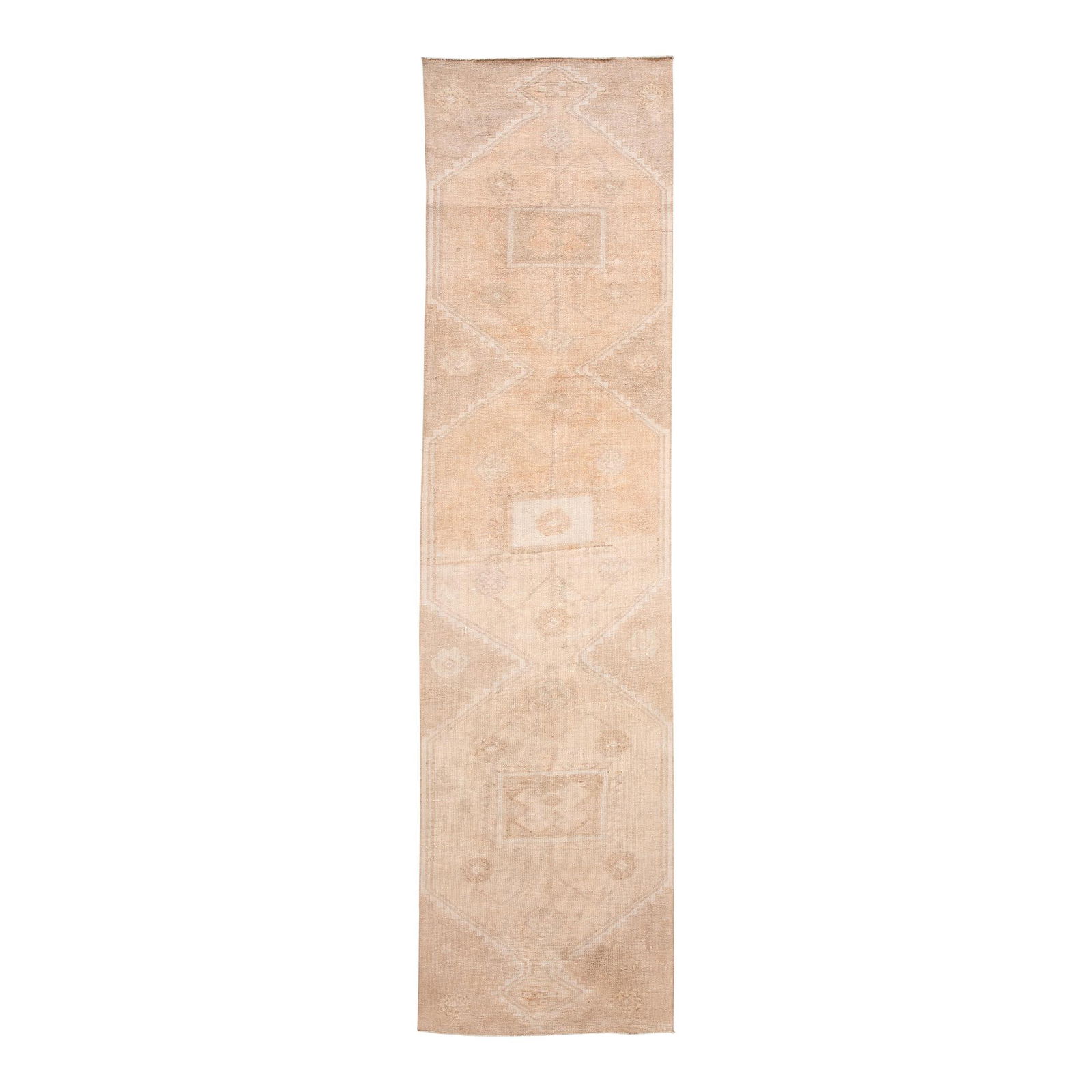 Vintage Turkish Hand-Knotted Beige Tribal Wool Runner 3' x 12': Vintage Turkish Hand-Knotted Beige Tribal Wool Runner 3' x 12' This vintage Turkish hand-knotted wool runner showcases a stunning beige field adorned with peach accents in an intricate all-over geomet