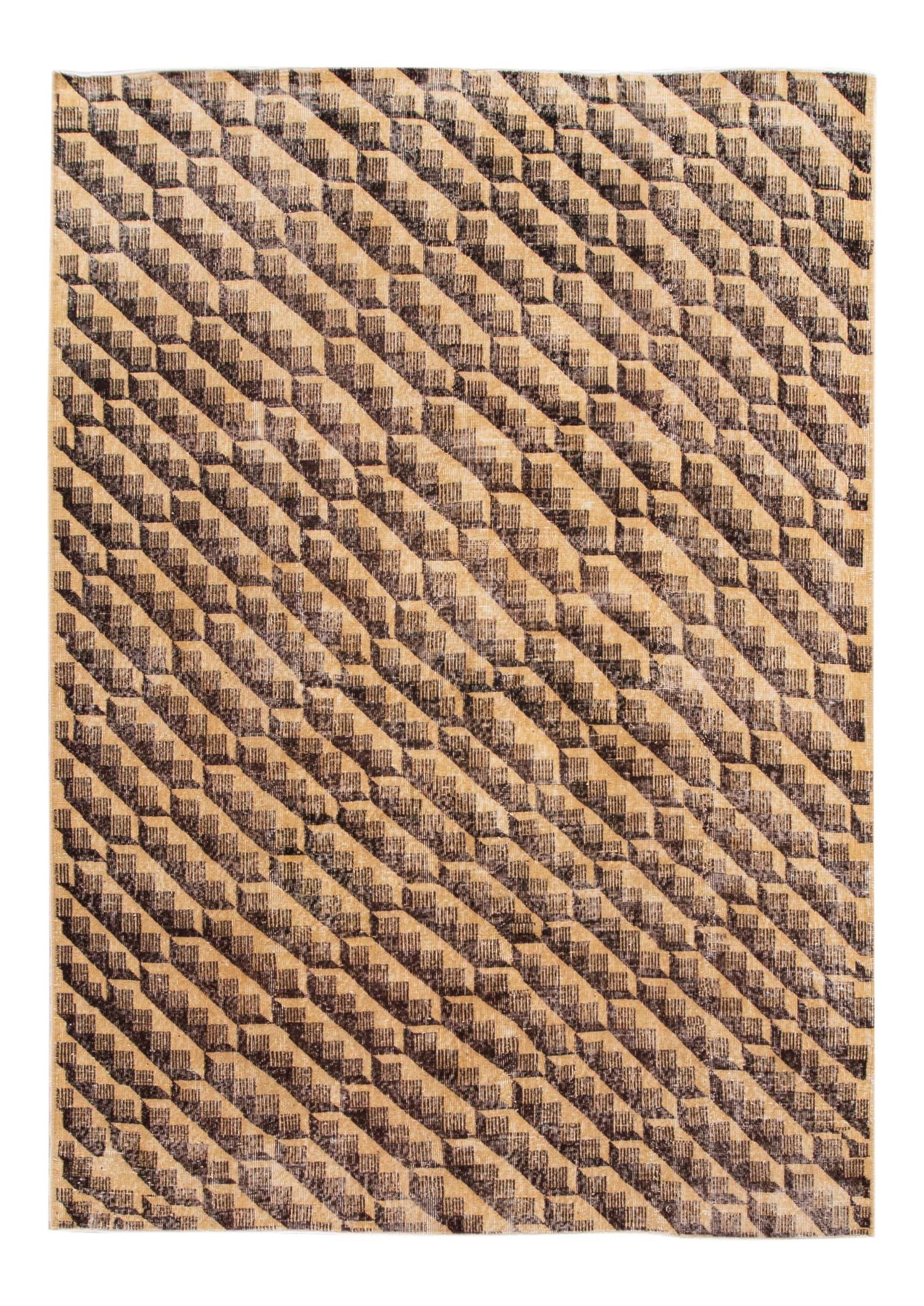 Vintage Turkish Hand-Knotted Wool Rug Abstract Geometric Pattern: Vintage Turkish Hand-Knotted Wool Rug Abstract Geometric Pattern Enhance your living space with this stunning vintage Turkish hand-knotted wool rug. Featuring a warm tan field complemented by rich bro