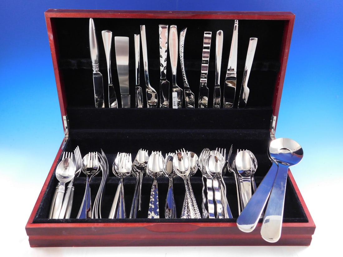 Designer Mixed Stainless Steel Flatware Set for 12 - 62 Pieces Modern Patterns: Designer Mixed Stainless Steel Flatware Set for 12 - 62 Pieces Modern Patterns Elevate your dining experience with this exquisite Designer Mixed Stainless Steel Flatware Set, featuring a modern style