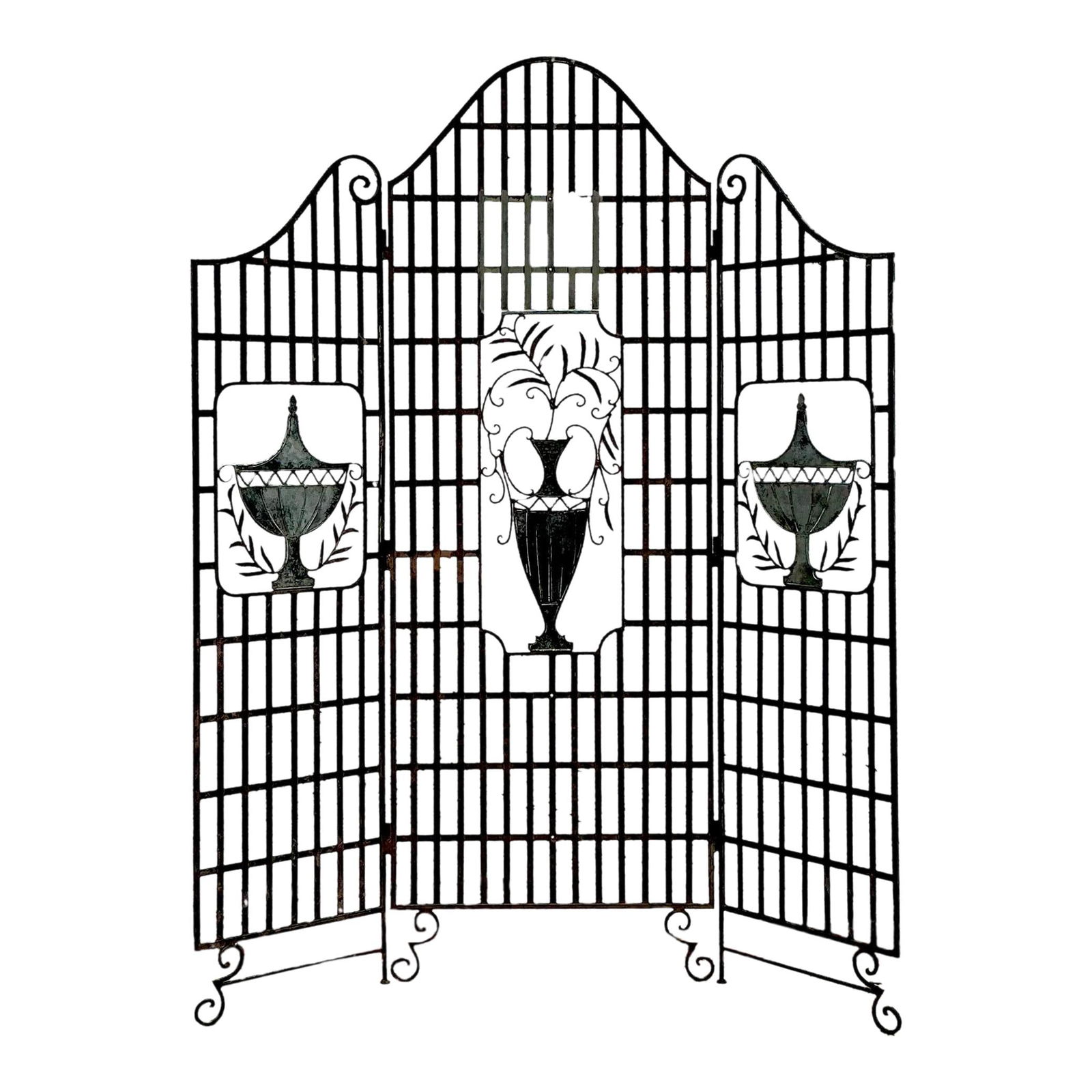 Vintage French Regency Wrought Iron Urn Folding Screen 72.5 x 91 Black: Vintage French Regency Wrought Iron Urn Folding Screen 72.5 x 91 Black Elevate your living space with the timeless charm of this Vintage French Regency Wrought Iron Urn Folding Screen. Expertly crafte