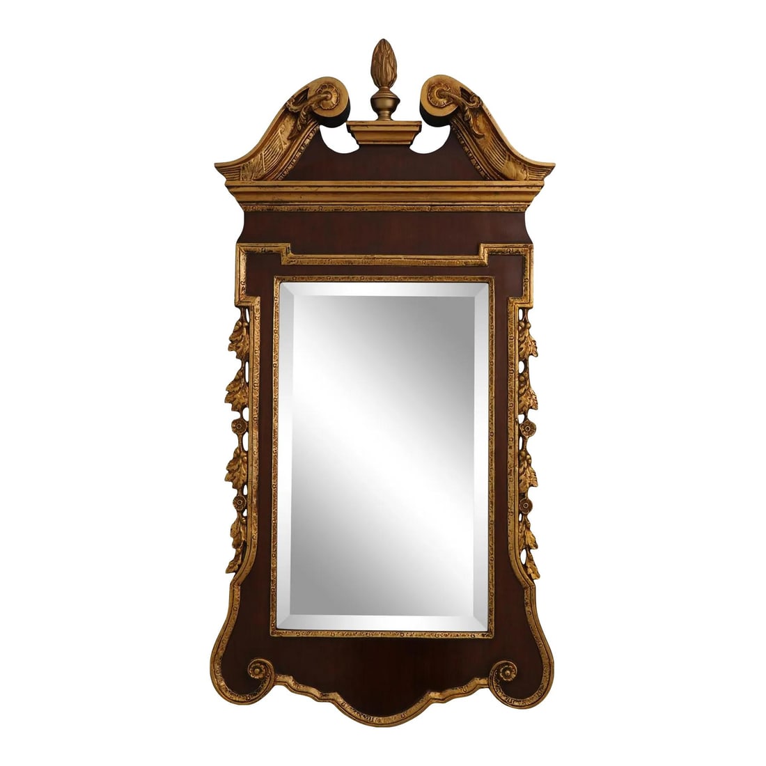 Friedman Brothers Gold Georgian Style Mirror with Pediment Finial 24x50: Friedman Brothers Gold Georgian Style Mirror with Pediment Finial 24x50 This exquisite Georgian Style Mirror showcases a timeless design, featuring a finely crafted gold pediment top adorned with a de