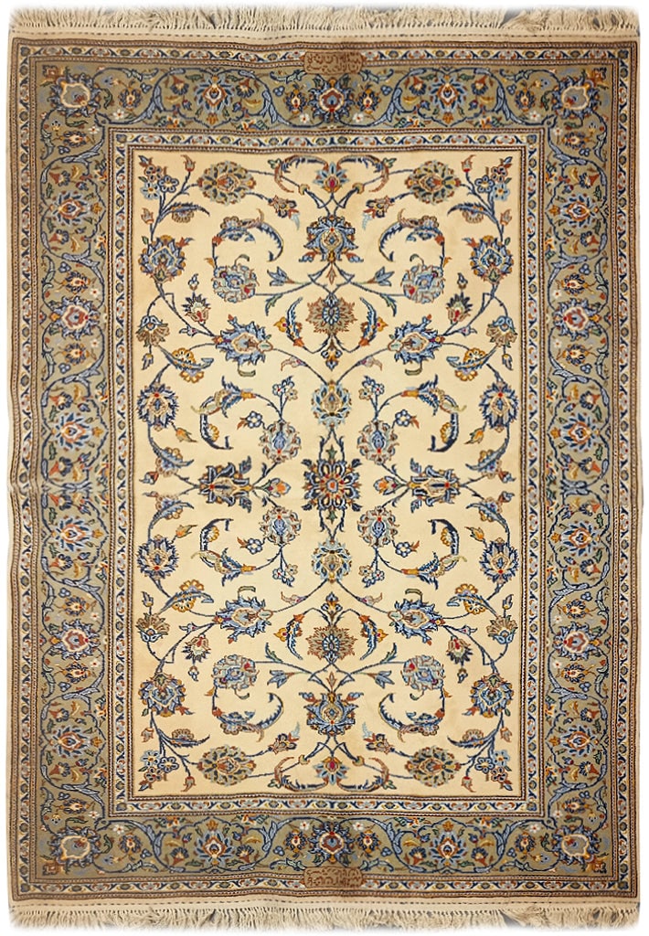 5'2 x 8' Signed Persian Kashan Rug Ivory Green Hand-Knotted: 5'2 x 8' Signed Persian Kashan Rug Ivory Green Hand-Knotted Free continental US Shipping Introducing the stunning 5'2" x 8' Persian Kashan Rug, showcasing a beautiful ivory green colorway that blends