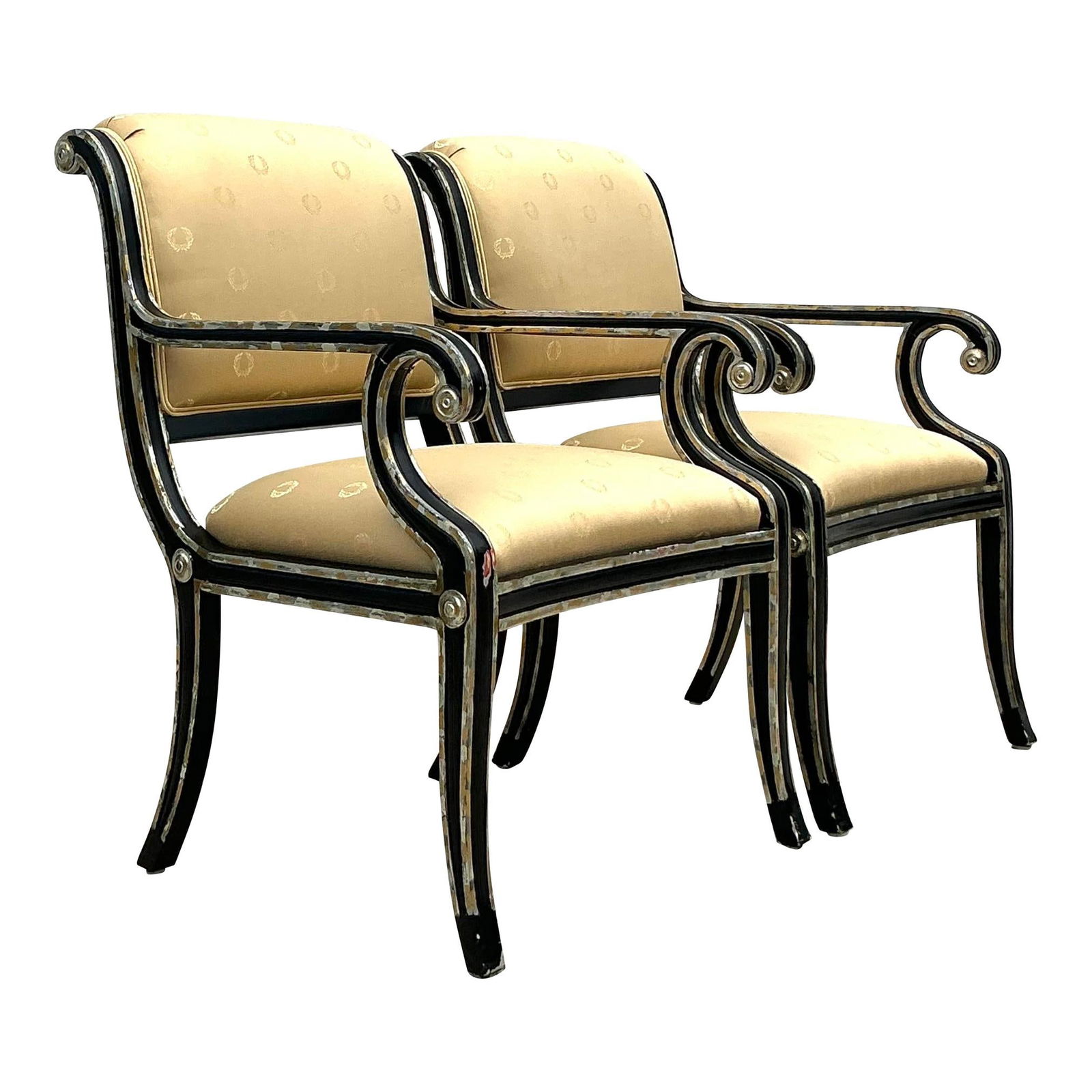 Pair of Vintage Neoclassical Silver Gilt Lounge Chairs: Pair of Vintage Neoclassical Silver Gilt Lounge Chairs Enhance your living space with this stunning pair of Vintage Neoclassical Silver Gilt Tipped Lounge Chairs. Designed for American-style interiors