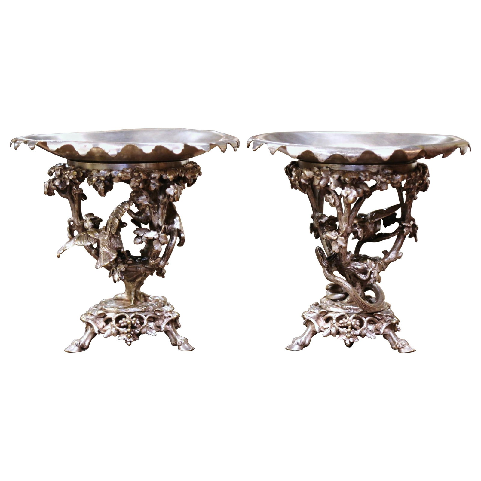 19th Century Christofle Silvered Bronze Compote Pair with Animal Motifs: 19th Century Christofle Silvered Bronze Compote Pair with Animal Motifs This exquisite pair of 19th-century French silvered bronze compotes, crafted by the esteemed house of Christofle circa 1860, sho
