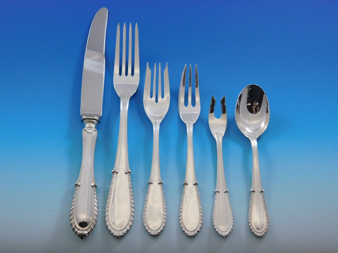 Buccellati Villa d'Este Sterling Silver Flatware Set 50 pcs Italy: Buccellati Villa d'Este Sterling Silver Flatware Set 50 pcs Italy Enhance your dining experience with this exquisite Villa d'Este flatware set by Buccellati, crafted in Italy from high-quality sterlin