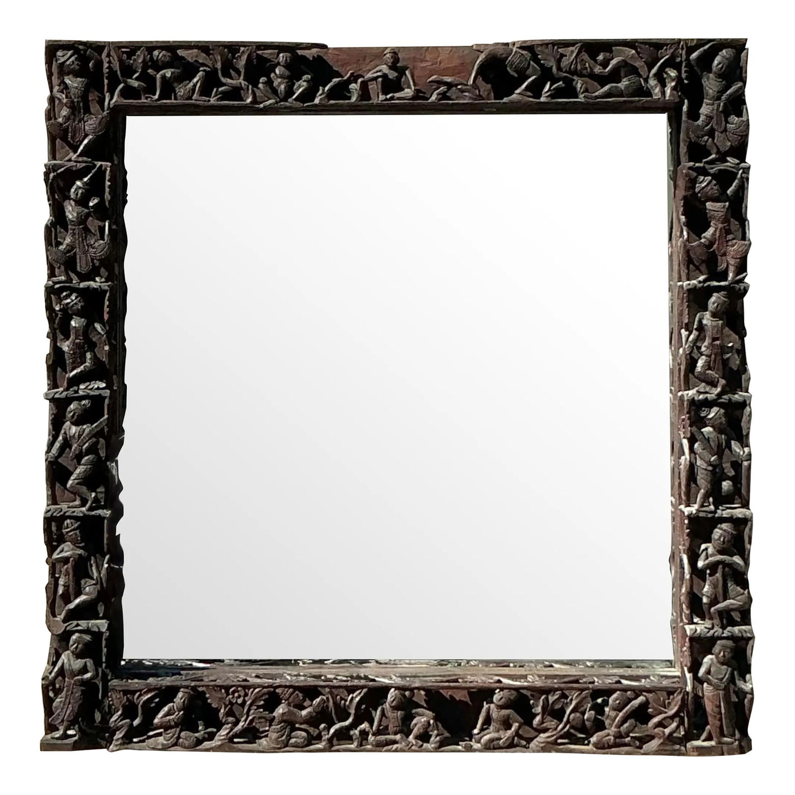 Vintage Boho Figural Mirror Hand-Carved Wooden Frame Oxblood Red 35.75x36: Vintage Boho Figural Mirror Hand-Carved Wooden Frame Oxblood Red 35.75x36 Introducing a stunning vintage mirror that serves as a striking statement piece for your decor. This exquisite item features a