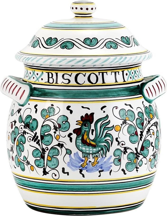 Handmade Deruta Orvieto Green Rooster Biscotti Jar Ceramic: Handmade Deruta Orvieto Green Rooster Biscotti Jar Ceramic This exquisite Deruta Orvieto Ceramic Biscotti Jar embodies traditional craftsmanship and vibrant style. Showcasing a stunning green finish a