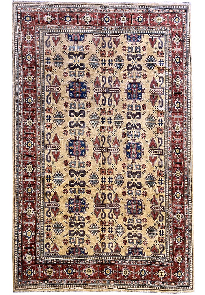 8 x 14 Handmade Afghan Wool Kazak Rug with Geometric Patterns: 8 x 14 Handmade Afghan Wool Kazak Rug with Geometric Patterns Free continental US Shipping Enhance your living space with this stunning 8' x 14' Afghan Handmade Wool Kazak Rug, a true masterpiece of c