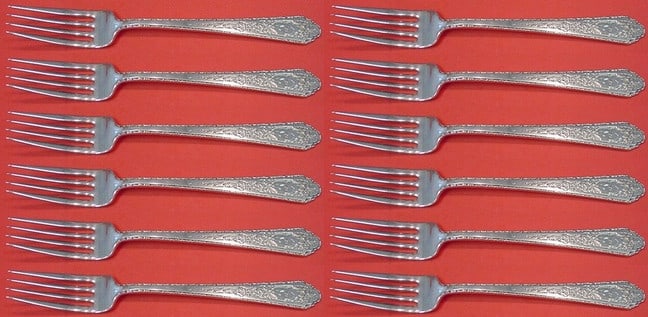Lunt Mary II Sterling Silver Fork Set of 12 Regular 7 1/8 Inch Flatware: Lunt Mary II Sterling Silver Fork Set of 12 Regular 7 1/8 Inch Flatware Enhance your dining experience with this elegant set of 12 regular forks from the Mary II pattern by Lunt. Crafted from high-qua