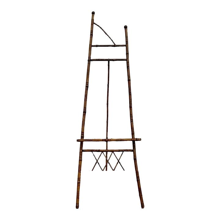 Vintage Boho Burnt Bamboo Easel 60" Rustic Display Stand: Vintage Boho Burnt Bamboo Easel 60" Rustic Display Stand Elevate your decor with this Vintage Boho Burnt Bamboo Easel, beautifully crafted from burnt bamboo, showcasing a perfect blend of artistry and