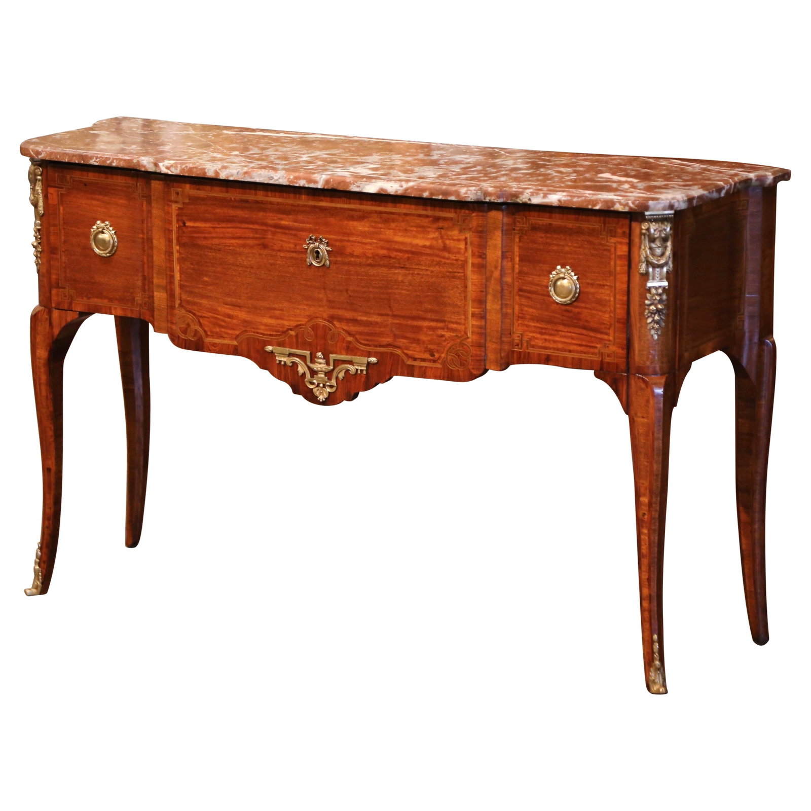 19th Century Louis XVI Rosewood Console with Rouge Marble Top: 19th Century Louis XVI Rosewood Console with Rouge Marble Top Enhance your space with this exquisite 19th Century French Louis XVI-style console table, crafted circa 1870. This elegant piece features