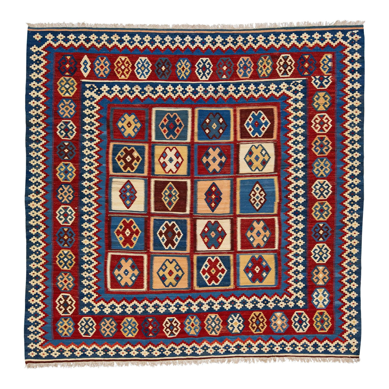 Handmade Modern Square Kilim Wool Rug Multicolor Geometric Design: Handmade Modern Square Kilim Wool Rug Multicolor Geometric Design Discover a stunning Modern Kilim square rug, meticulously hand-knotted from high-quality wool. This vibrant piece features multicolor