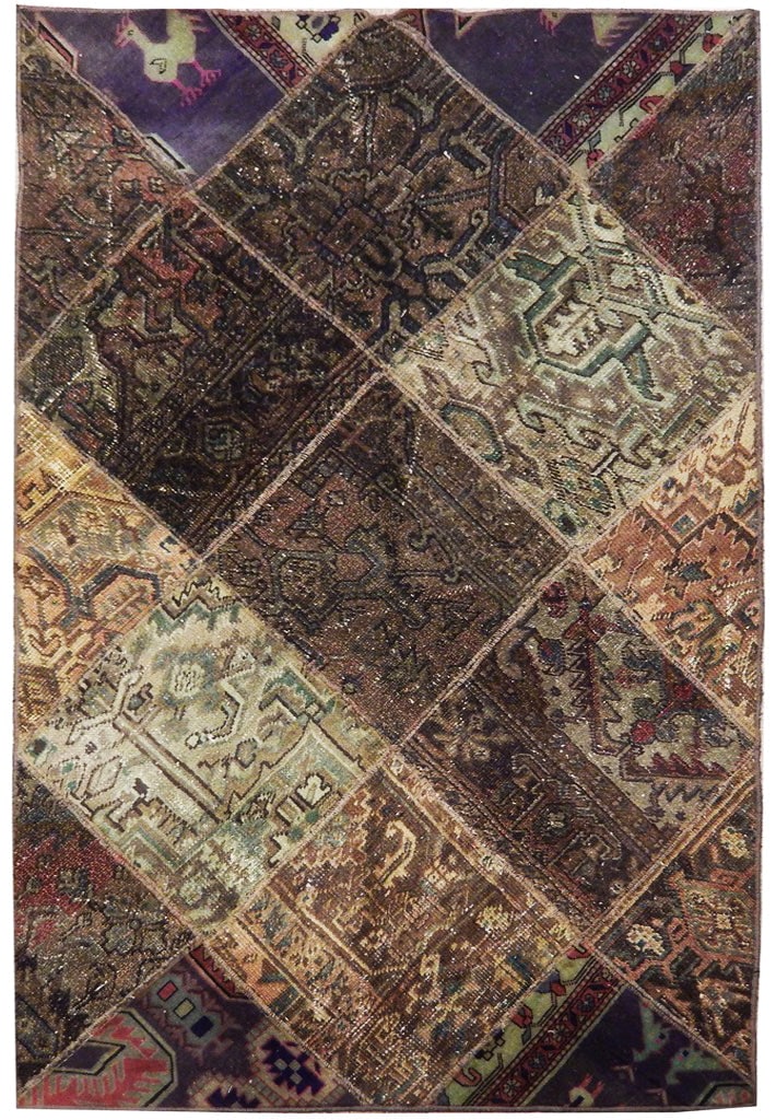 Antique Persian Patchwork Rug 4'2 x 6'5 Brown Hand-Knotted Area Rug: Antique Persian Patchwork Rug 4'2 x 6'5 Brown Hand-Knotted Area Rug Free continental US Shipping Discover the elegance of our 4.2 x 6.5 Brown Antique Persian Patchwork Rug, a stunning addition to your
