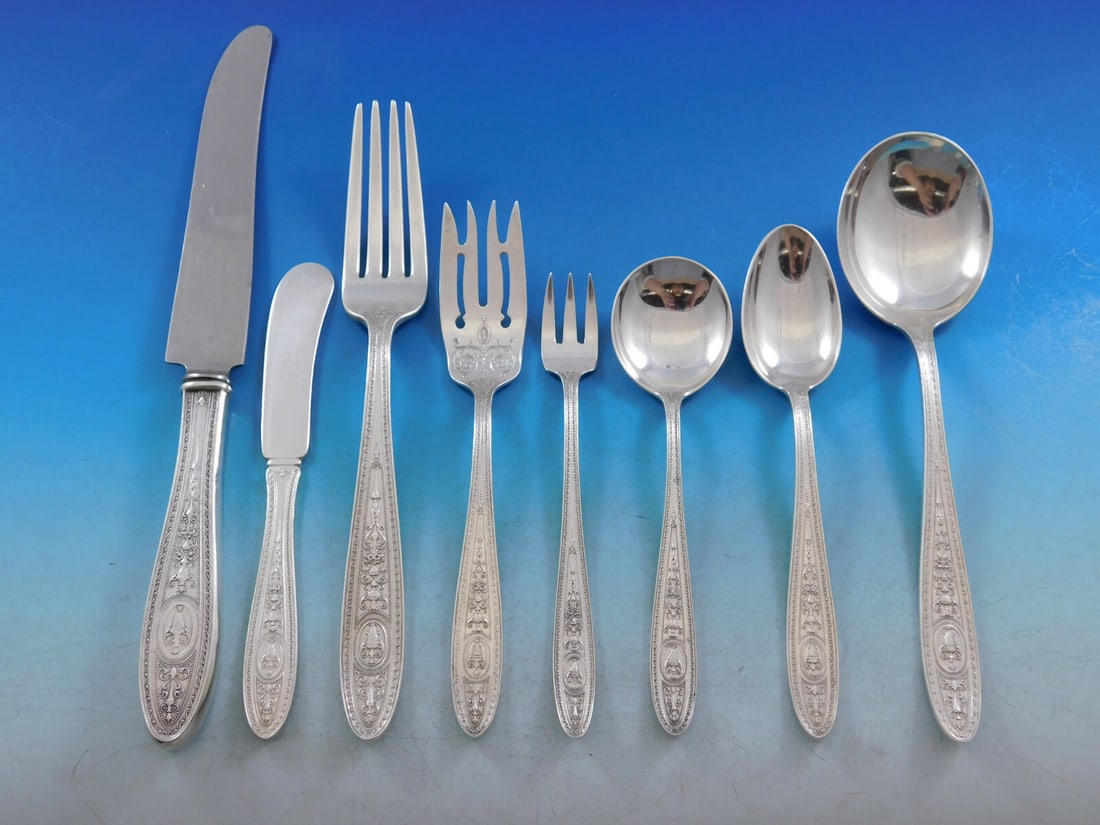 International Silver Wedgwood 107 Piece Sterling Silver Flatware Set N Monogram: International Silver Wedgwood 107 Piece Sterling Silver Flatware Set N Monogram Discover the elegance of the Wedgwood pattern from International Sterling Silver in this comprehensive 107-piece flatwar