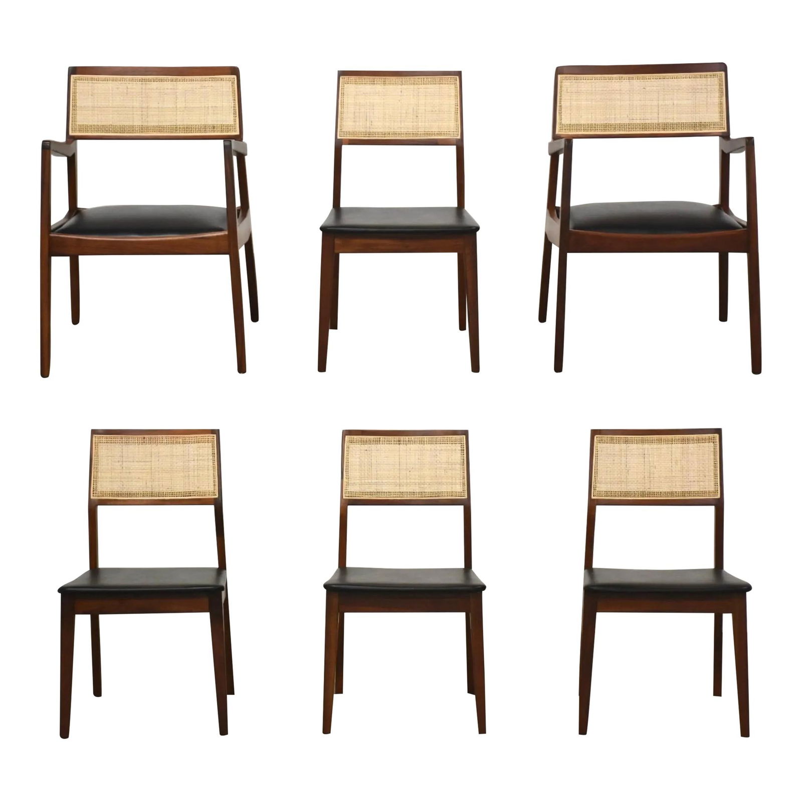 Mid-Century Modern Jens Risom Style Walnut Cane Dining Chairs Set of 6: Mid-Century Modern Jens Risom Style Walnut Cane Dining Chairs Set of 6 This exquisite set of six mid-century modern dining chairs features a classic walnut construction with elegant cane backs, attrib