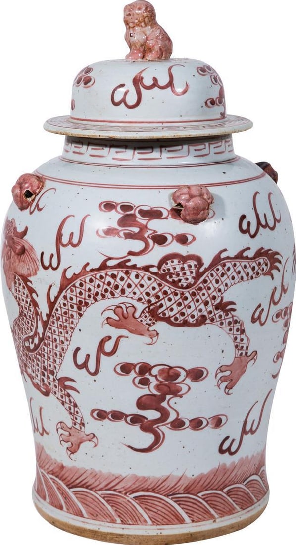 Handcrafted Maroon Dragon Art Temple Jar 18H x 10W x 10D: Handcrafted Maroon Dragon Art Temple Jar 18H x 10W x 10D This elegant rustic maroon dragon art jar is a stunning addition to any decor. Hand-crafted from ceramic, it features a rich maroon red finish