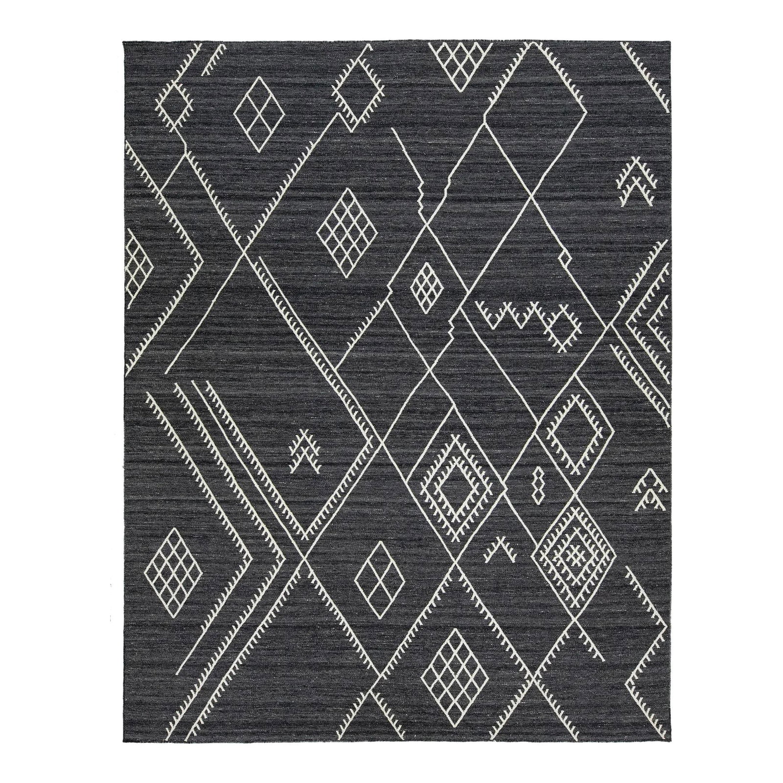 Nantucket Wool Kilim Rug Dark Gray 9'4 x 11'11: Nantucket Wool Kilim Rug Dark Gray 9'4 x 11'11 Enhance your living space with this exquisite handmade kilim wool rug from the Nantucket Collection. Featuring a sophisticated charcoal gray field and ad