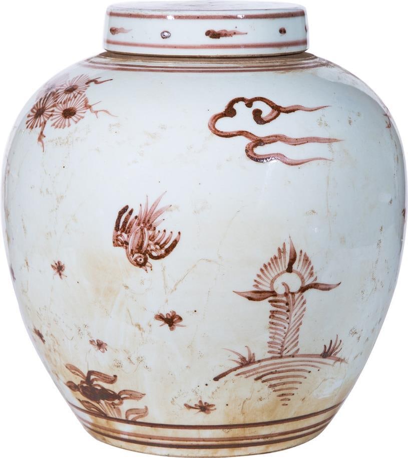 Hand-Crafted Moka Brown Melon Jar with Pine Crane Design: Hand-Crafted Moka Brown Melon Jar with Pine Crane Design Introducing a beautifully hand-crafted ceramic jar designed in a charming melon shape, featuring a traditional Pine Crane motif. This piece, fi
