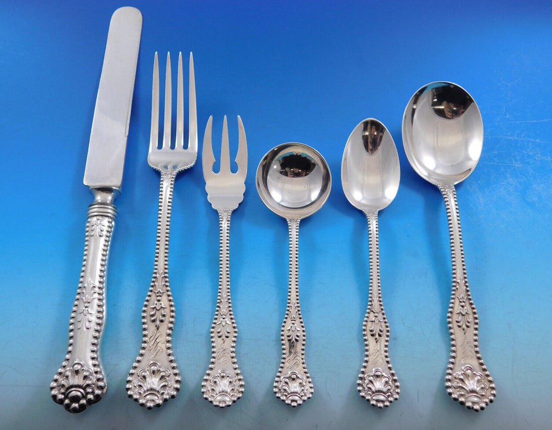 Dominick & Haff Charles II Sterling Silver Flatware Set 77 Pieces: Dominick & Haff Charles II Sterling Silver Flatware Set 77 Pieces Introducing a rare and exquisite 77-piece flatware set in the Charles II pattern by Dominick & Haff, crafted from high-quality sterlin