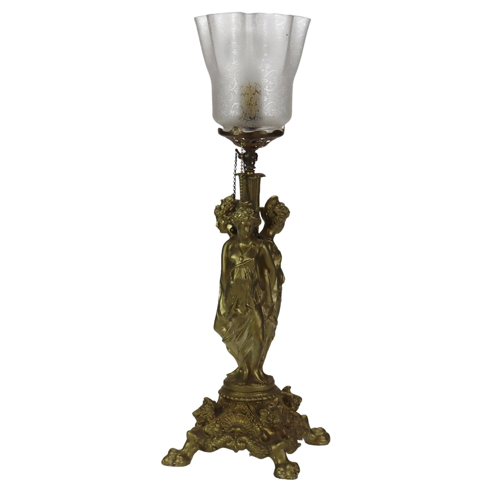 Antique 1890 Classical Three Graces Figural Gilt Table Lamp with Etched Glass Shade (1 of 9)