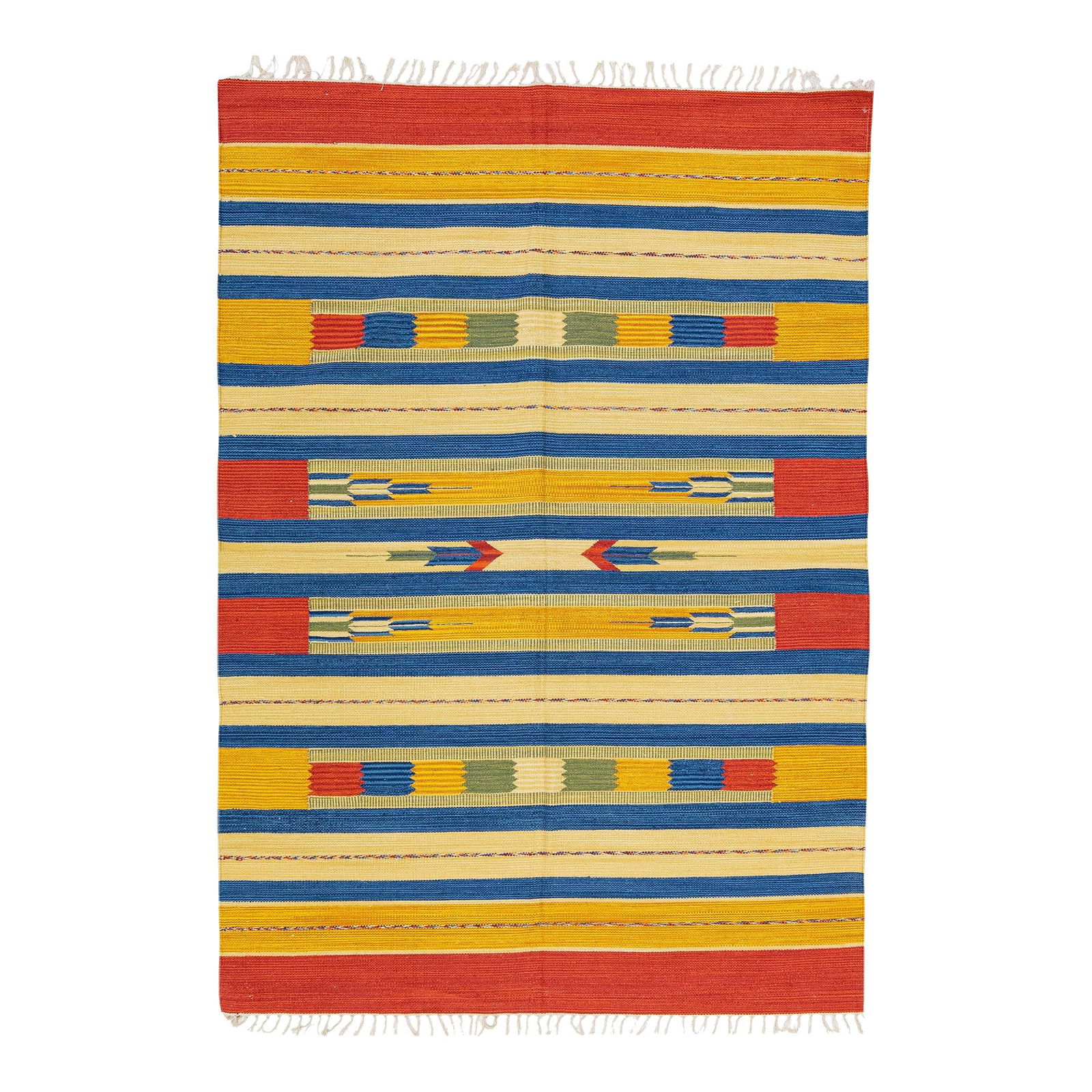 Modern Kilim Handmade Wool Rug Multicolor Geometric Design 4'8" x 6'8": Modern Kilim Handmade Wool Rug Multicolor Geometric Design 4'8" x 6'8" Enhance your space with this stunning Modern Kilim handmade wool rug, showcasing a vibrant multicolor geometric design. This pre-