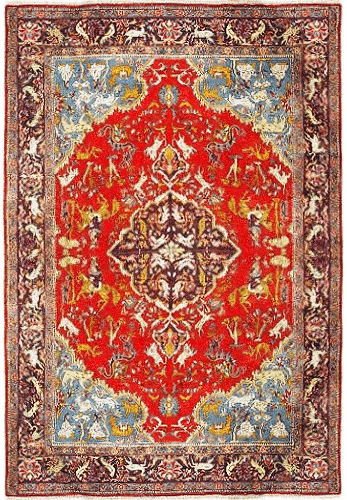 Handmade 9.7 x 14.3 Red Persian Rug with Animal Figures: Handmade 9.7 x 14.3 Red Persian Rug with Animal Figures Free continental US Shipping Elevate your living space with this exquisite 9.7 x 14.3 Red Old Persian Rug, featuring intricate animal figures an