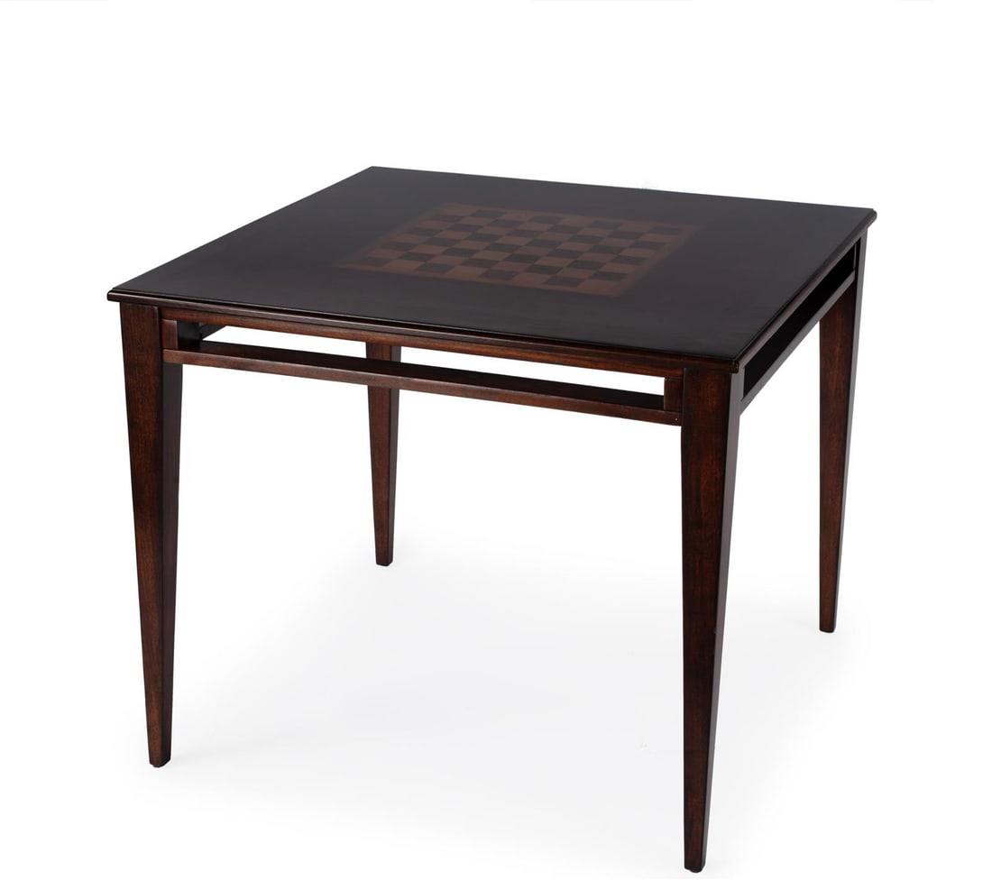 Square Daltrey Game Table in Brown Cherry by Butler: Square Daltrey Game Table in Brown Cherry by Butler This is an un-used game table crafted in a mid-century modern style, featuring a square shape and finished in a rich brown cherry dark brown. Constr