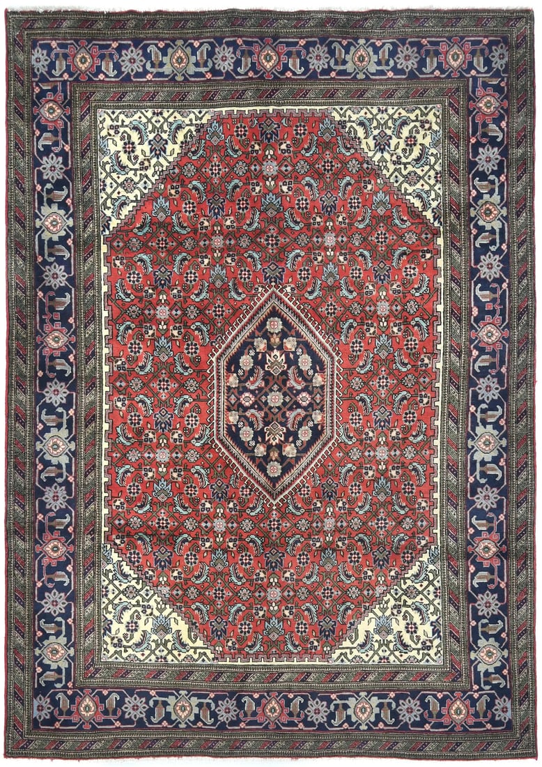 Hand-Knotted Wool Area Rug 7x10 Vintage Oriental Geometric Pattern: Hand-Knotted Wool Area Rug 7x10 Vintage Oriental Geometric Pattern This vintage hand-knotted area rug features a traditional geometric pattern in shades of bittersweet red, purple-navy, light blue, br