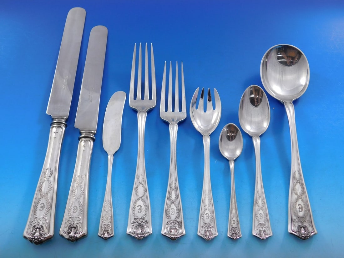 Tiffany Winthrop Sterling Silver Flatware Set 65 Pieces with E Monogram: Tiffany Winthrop Sterling Silver Flatware Set 65 Pieces with E Monogram Experience the elegance of the Winthrop pattern by Tiffany & Co., a sterling silver flatware set that embodies refined craftsman