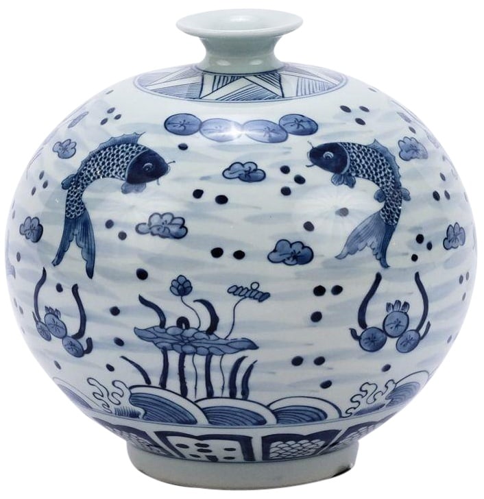 Handmade Pomegranate Style Blue Fish Ceramic Vase 10.60H: Handmade Pomegranate Style Blue Fish Ceramic Vase 10.60H This beautifully crafted Traditional Blue Fish Vase features a unique pomegranate shape, making it a striking addition to any decor. Handmade f