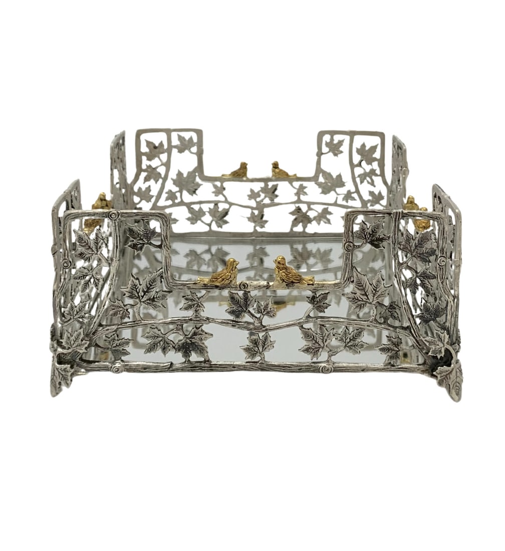 Handmade 925 Sterling Silver Gilded Bird Leaf Napkin Holder (1 of 2)