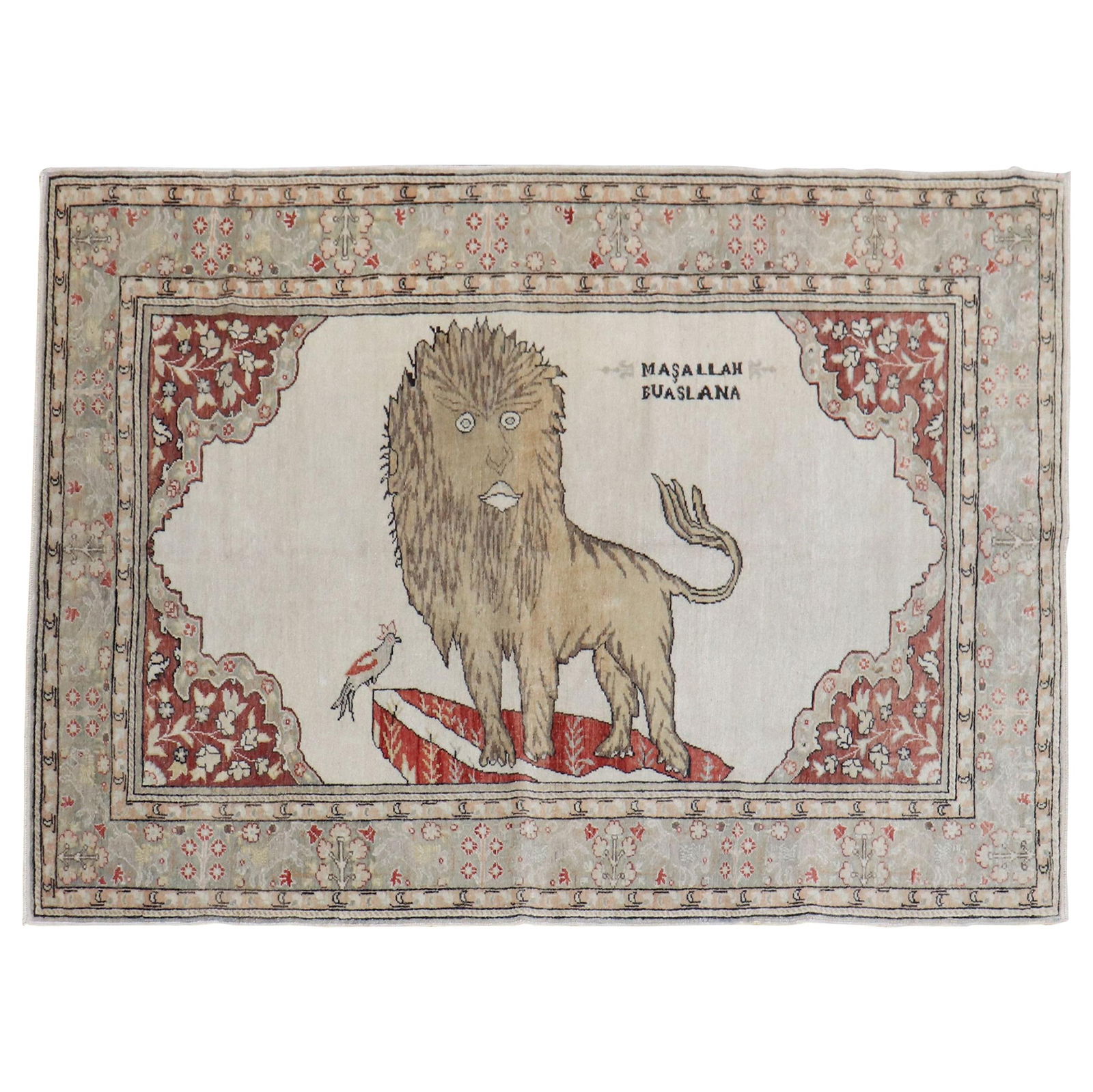 Vintage Turkish Dowry Rug Lion Motif Wool Hand-Woven 4'7 x 6'9: Vintage Turkish Dowry Rug Lion Motif Wool Hand-Woven 4'7 x 6'9 This stunning vintage Turkish dowry rug features a prominent lion motif alongside a small bird, beautifully set against a white ground an