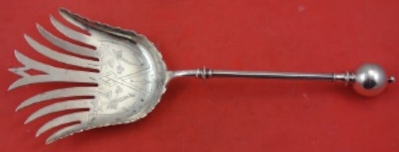 George Sharp Sterling Silver Ball End Asparagus Fork Greek Key 10 1/4": George Sharp Sterling Silver Ball End Asparagus Fork Greek Key 10 1/4" This exquisite asparagus fork from George Sharp features a stunning Ball End design with a bright-cut finish and Greek key detail