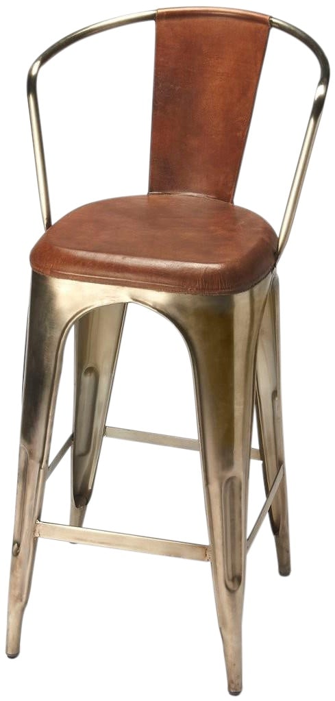 Butler Roland Industrial Barstool in Medium Brown Iron and Brass: Butler Roland Industrial Barstool in Medium Brown Iron and Brass Enhance your modern home with this stylish Butler Iron & Leather Barstool. Featuring a robust industrial style, it combines a sturdy br