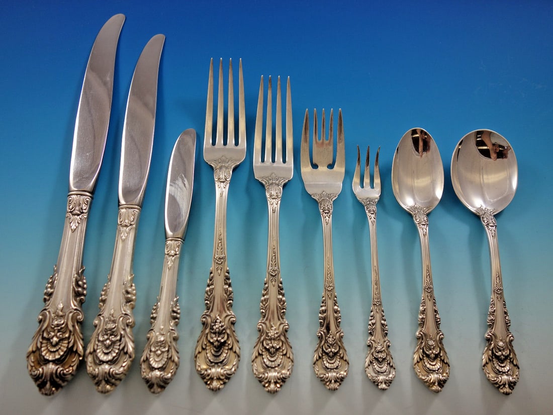Wallace Sir Christopher Sterling Silver Flatware Set 113 Pieces with Storage Chest: Wallace Sir Christopher Sterling Silver Flatware Set 113 Pieces with Storage Chest Elevate your dining experience with the exquisite Sir Christopher flatware set by Wallace, featuring a total of 113 p