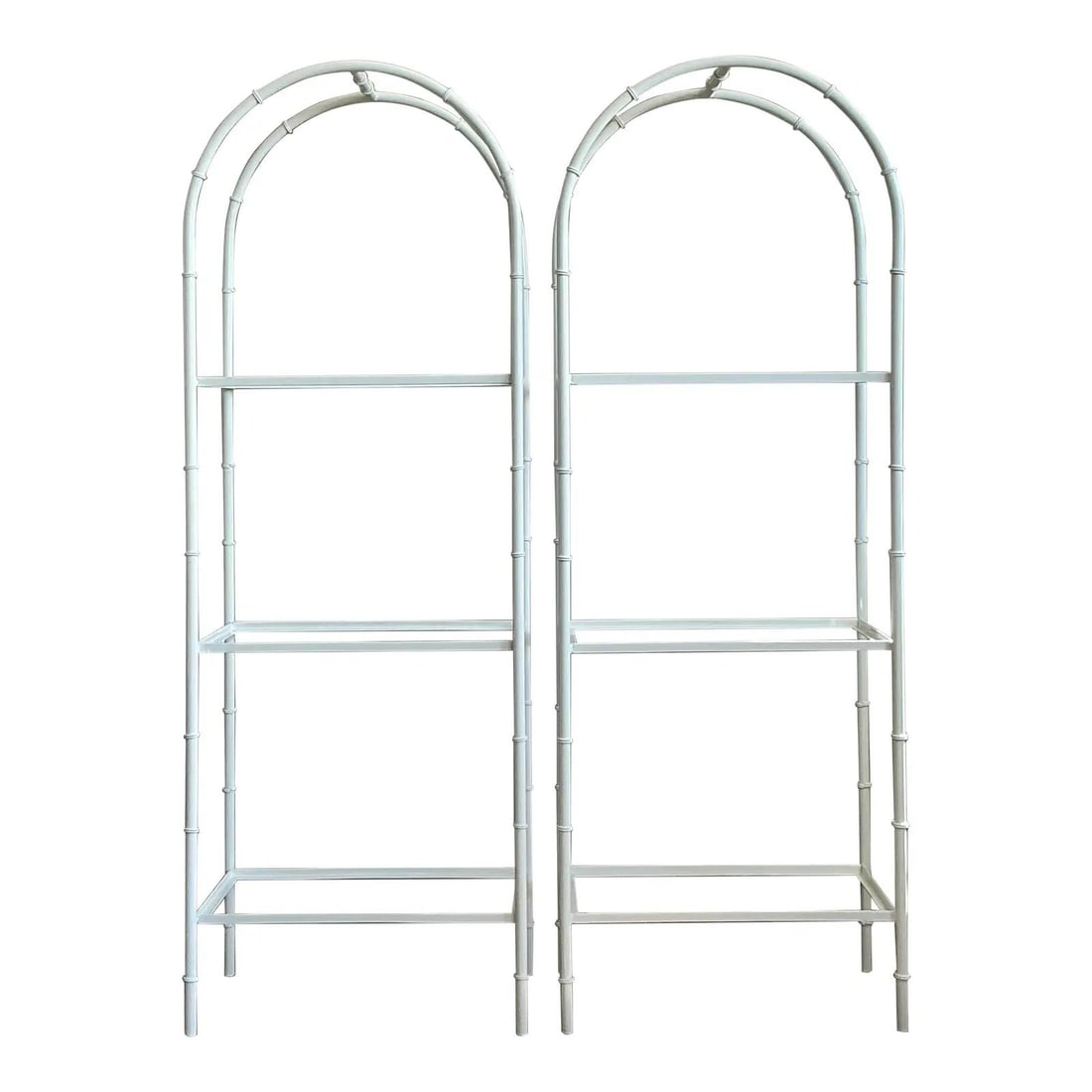 Vintage White Wrought Iron Arched Etagere Pair for Chic Decor: Vintage White Wrought Iron Arched Etagere Pair for Chic Decor Enhance your home decor with this exquisite pair of vintage wrought iron arched etageres. Featuring a graceful pagoda-like arch and elegan