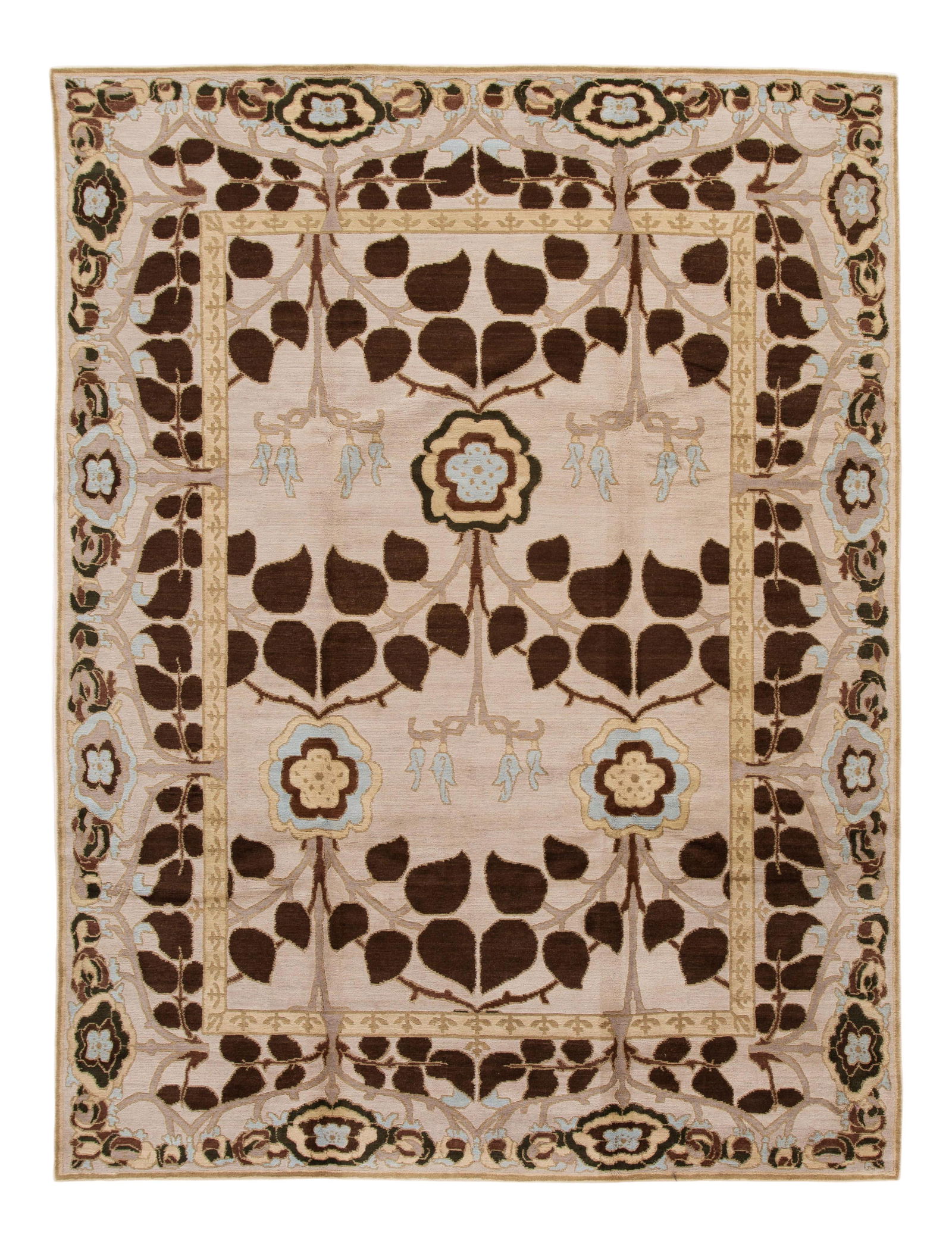 Beige Botanical Tibetan Hand-Knotted Wool Rug 9' x 12': Beige Botanical Tibetan Hand-Knotted Wool Rug 9' x 12' This exquisite Tibetan hand-knotted wool rug showcases a beautiful Modern Art & Crafts style, featuring a botanical floral design set against a w