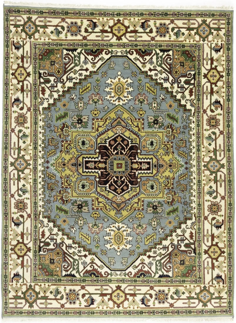 Hand-Knotted Wool Area Rug 7'11 x 10'1 Geometric Traditional Style: Hand-Knotted Wool Area Rug 7'11 x 10'1 Geometric Traditional Style This handmade Heriz Serapi area rug features a traditional oriental design with geometric patterns in light gray, cream, rusty red, g
