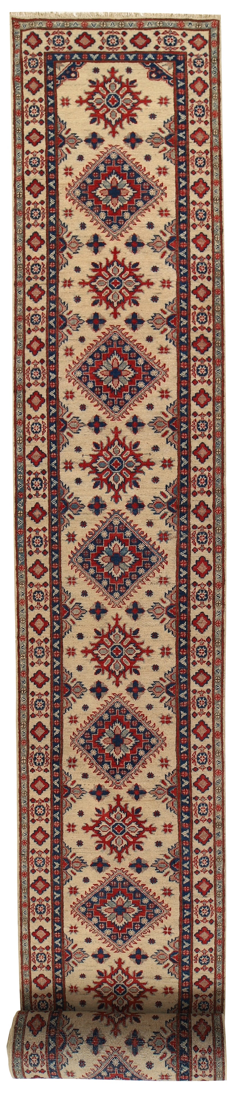 Handmade Ivory Kazak Runner Rug 2.7 x 25.9 Fine Wool Pakistan: Handmade Ivory Kazak Runner Rug 2.7 x 25.9 Fine Wool Pakistan Free continental US Shipping Introducing the exquisite 2.7 x 25.9 Beautiful Handmade Ivory Kazak Runner Rug, a stunning addition to your d