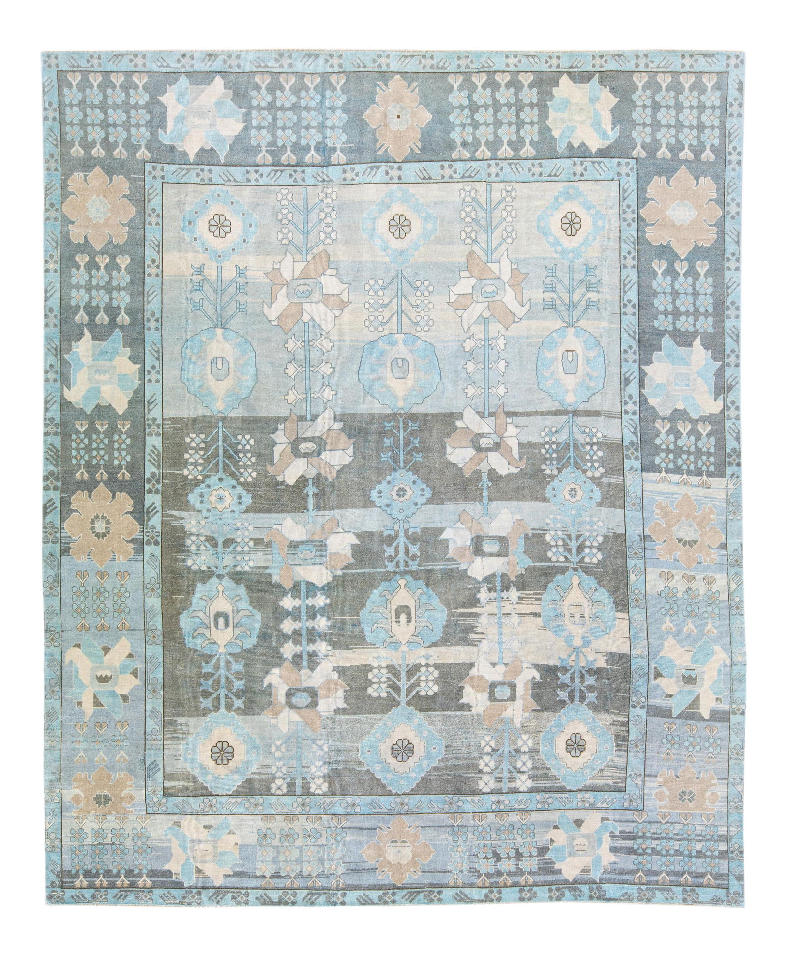 Vintage Turkish Oushak Hand-Knotted Wool Rug 10' x 12'3': Vintage Turkish Oushak Hand-Knotted Wool Rug 10' x 12'3' Discover the elegance of this vintage Turkish Oushak handmade rug, featuring a stunning blue-gray field complemented by a tan accent in an intr