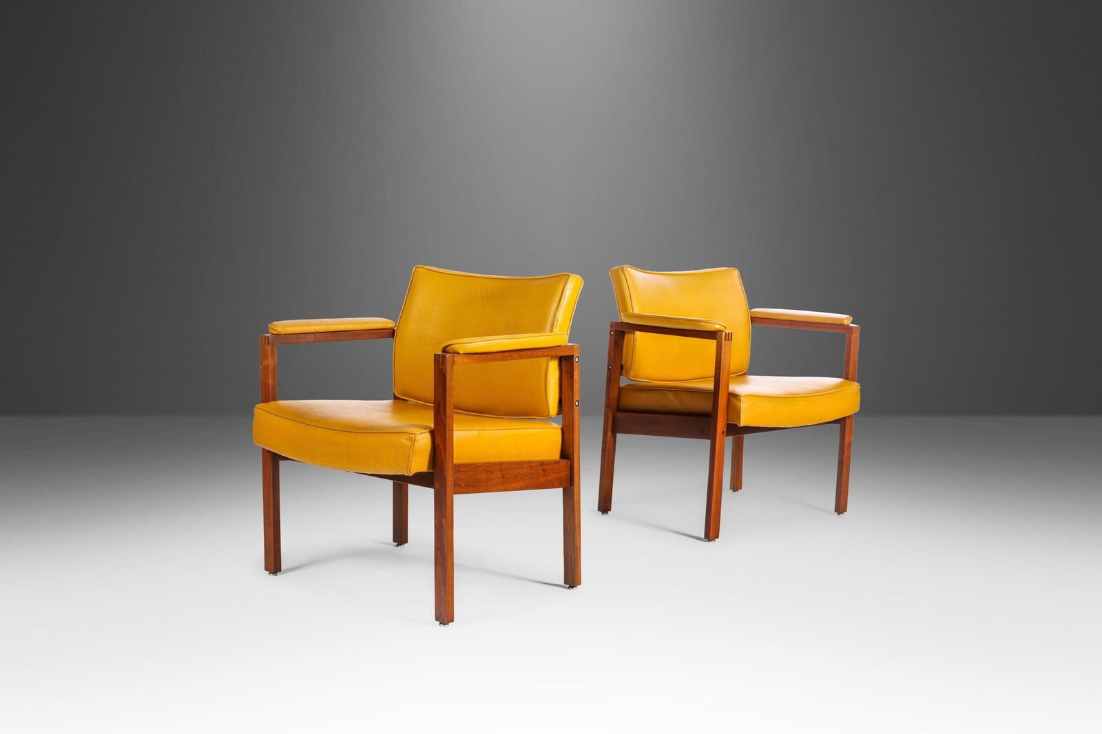 Mid-Century Modern Walnut Lounge Chairs Set of 2 Mustard Vinyl Jens Risom Style 1960s (1 of 10)