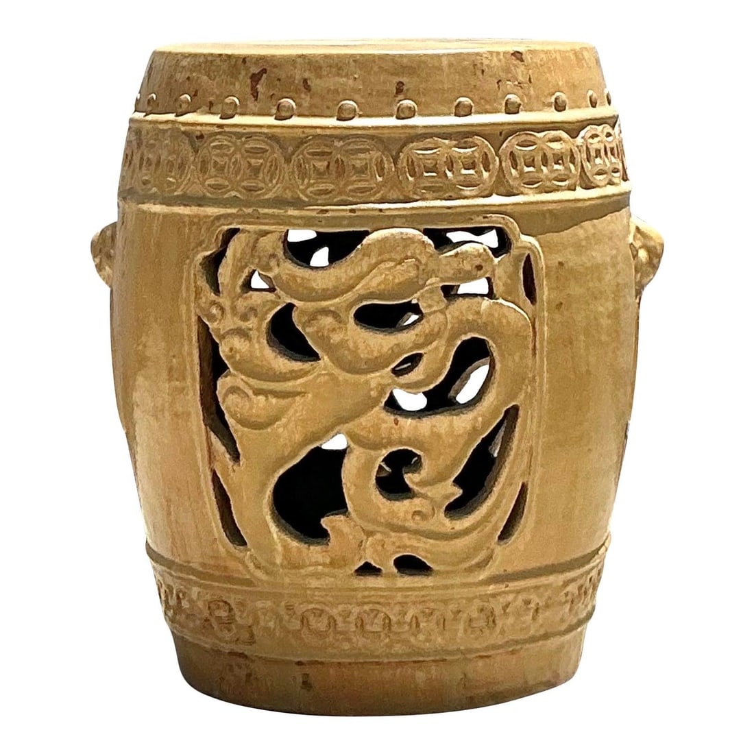 Vintage Boho Ceramic Dragon Medallion Low Stool 19x19x21.75: Vintage Boho Ceramic Dragon Medallion Low Stool 19x19x21.75 Embrace the unique charm of this Vintage Boho Glazed Ceramic Medallion Low Stool, an exquisite blend of Asian artistry and bohemian style. C