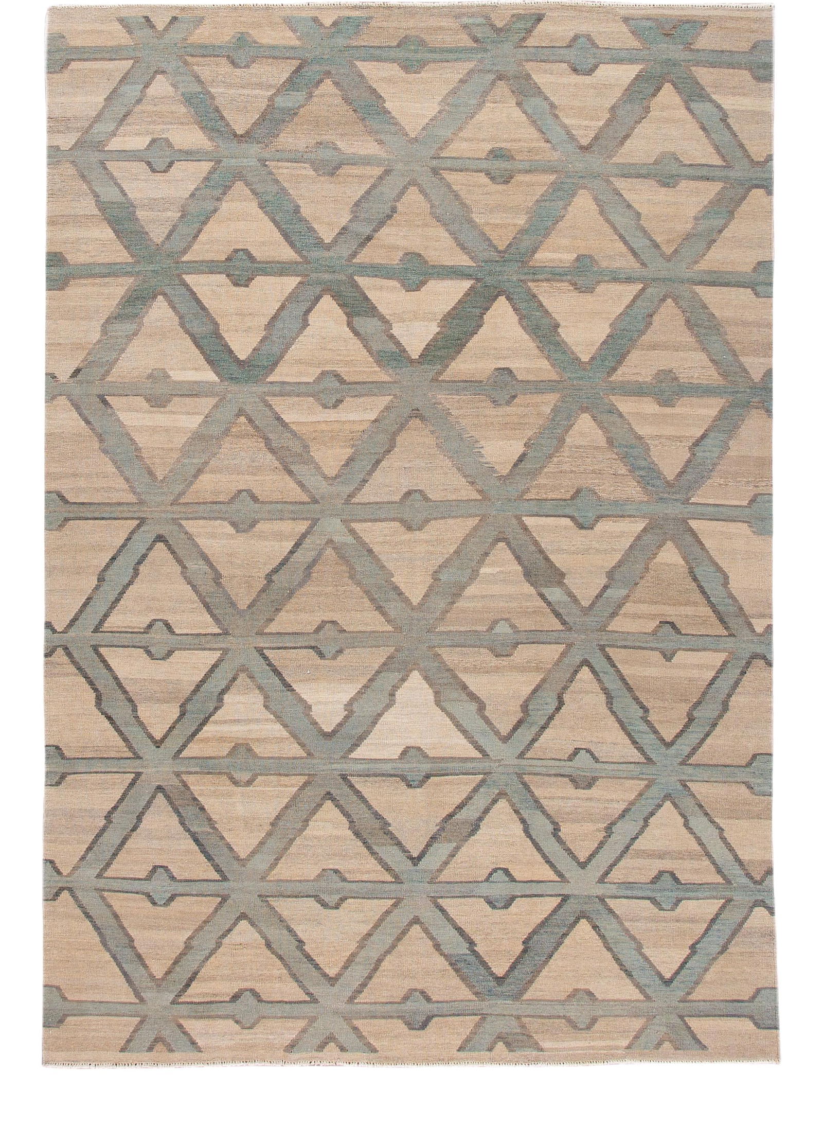 Modern Beige Wool Kilim Flatweave Geometric Rug 7'10 x 11'7: Modern Beige Wool Kilim Flatweave Geometric Rug 7'10 x 11'7 Discover the elegance of this modern Kilim flat-weave wool rug, featuring a warm beige field adorned with green and gray accents in a stunni
