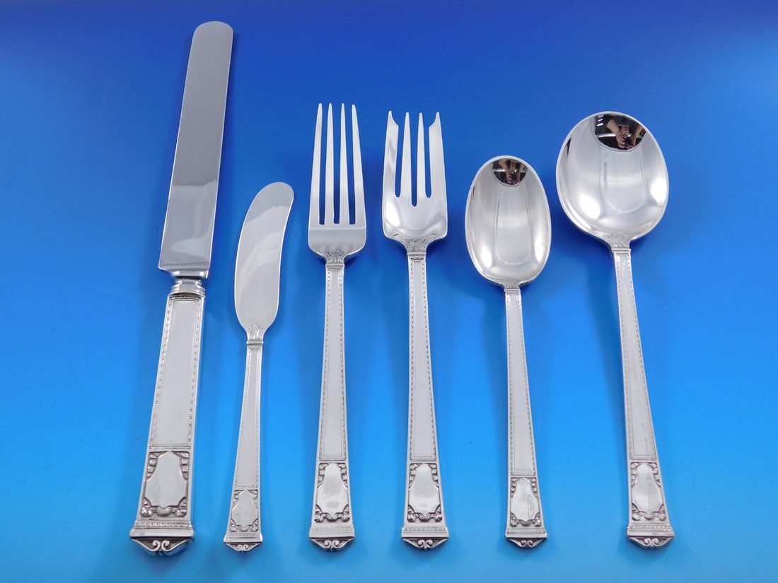 Tiffany & Co San Lorenzo Sterling Silver Flatware Set 80 Pieces Art Deco: Tiffany & Co San Lorenzo Sterling Silver Flatware Set 80 Pieces Art Deco Discover the elegance of the San Lorenzo flatware service by Tiffany & Co., a stunning 80-piece sterling silver set that embodi