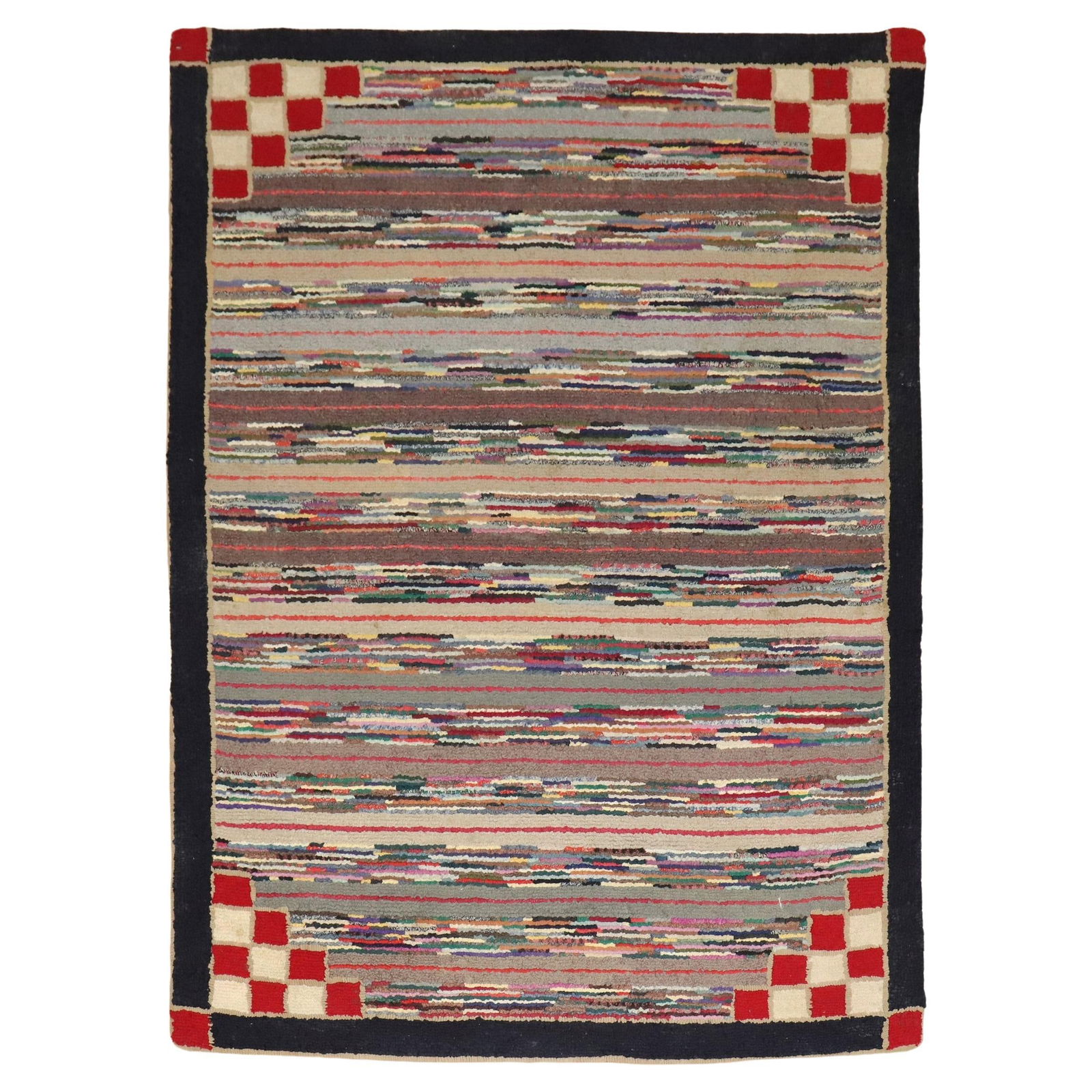 Mid-20th Century American Craftsman Hand-Woven Jute Wool Rug 4'4" x 5'9": Mid-20th Century American Craftsman Hand-Woven Jute Wool Rug 4'4" x 5'9" Discover the charm of mid-20th century craftsmanship with this American hooked accent-size rug. Hand-woven from a blend of jute