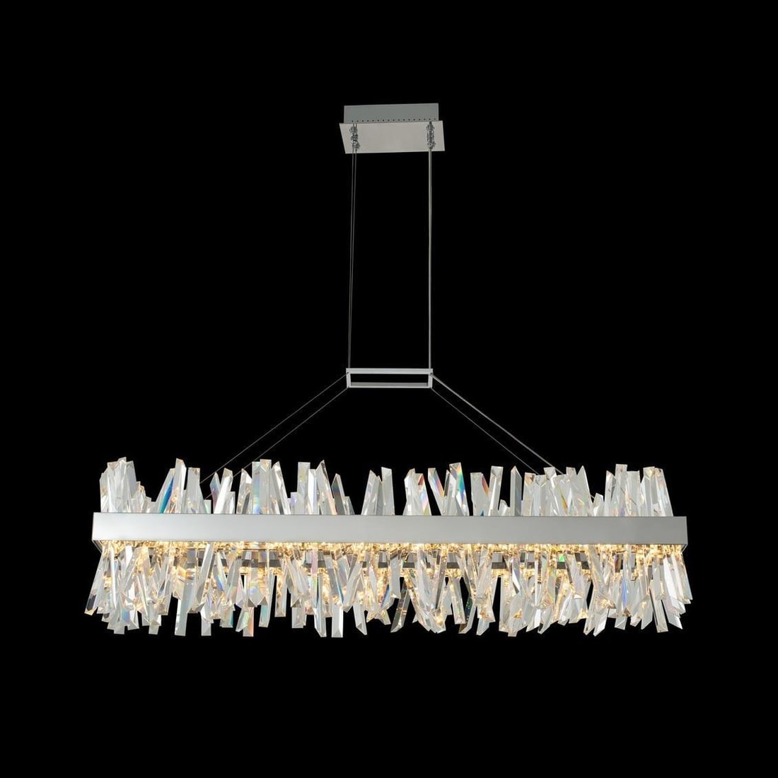 Kalco Glacier 48" LED Island Light Polished Chrome & Crystal Dimmable: Kalco Glacier 48" LED Island Light Polished Chrome & Crystal Dimmable Illuminate your space with the Glacier 48" LED Island Light, a stunning blend of chrome and crystal that enhances any contemporary
