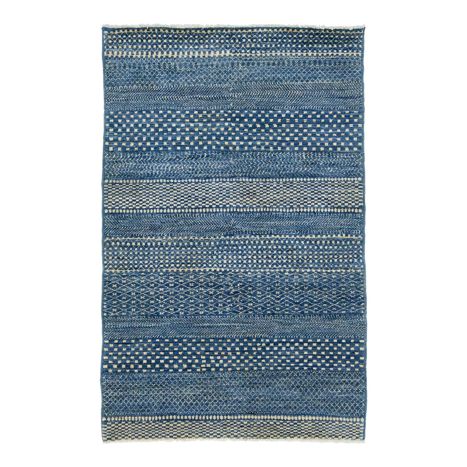 Handcrafted Blue Afghan Wool Rug with Geometric Design: Handcrafted Blue Afghan Wool Rug with Geometric Design Enhance your space with this stunning handcrafted wool rug from Afghanistan, featuring a striking geometric pattern in ivory that beautifully con