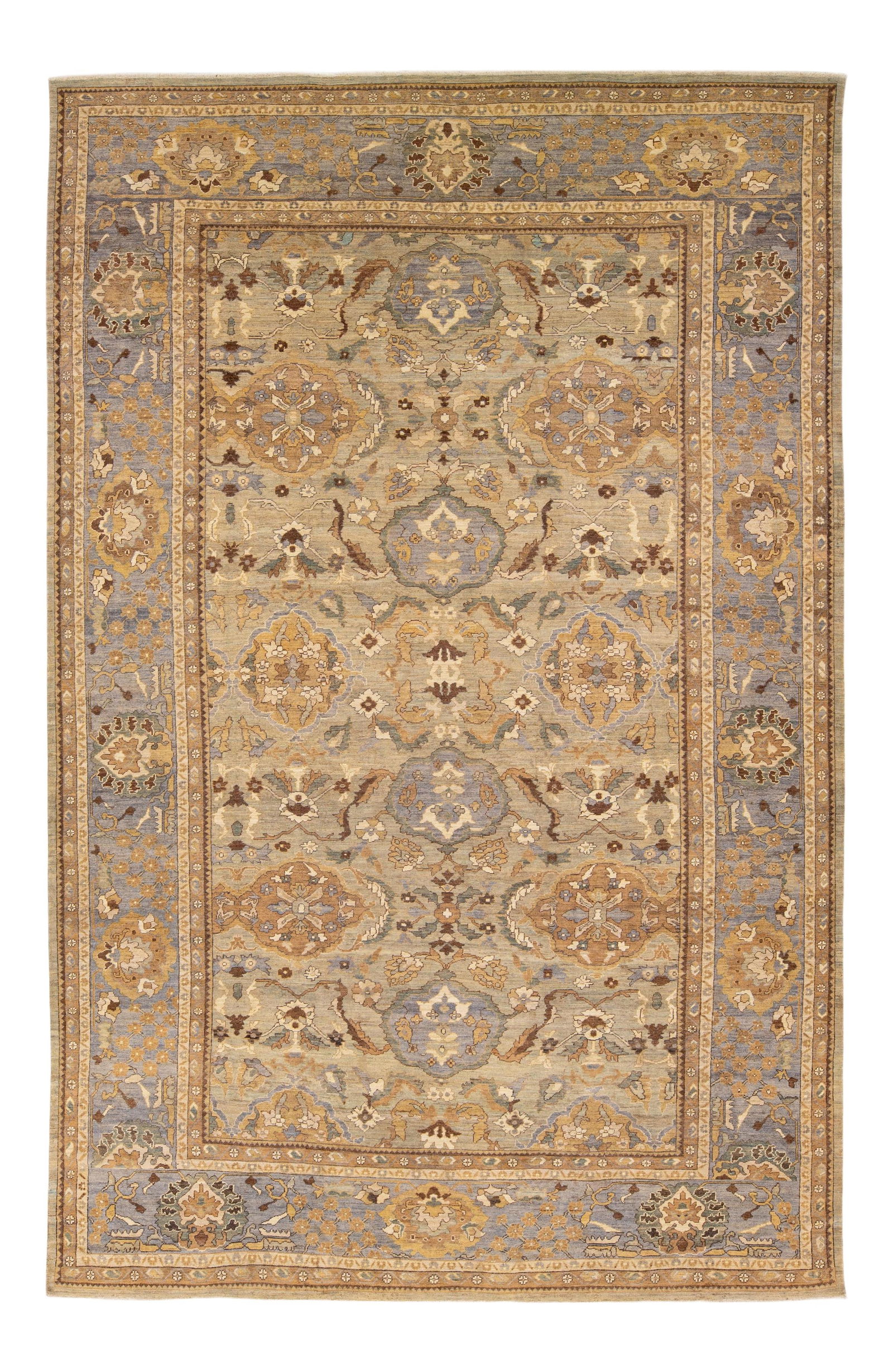 Oversize Modern Beige Sultanabad Floral Wool Rug 13' x 20'6": Oversize Modern Beige Sultanabad Floral Wool Rug 13' x 20'6" Experience the elegance of this modern Sultanabad hand-knotted wool rug, featuring a soft beige field and a sophisticated gray frame. Adorn