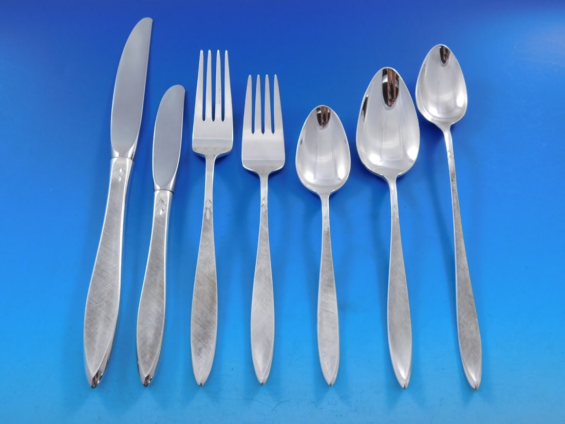 Gorham Gossamer Sterling Silver Flatware Set for 12 97 Pieces Brushed Matte Finish: Gorham Gossamer Sterling Silver Flatware Set for 12 97 Pieces Brushed Matte Finish Enhance your dining experience with the Gossamer by Gorham Sterling Silver Flatware Set, featuring a total of 97 meti