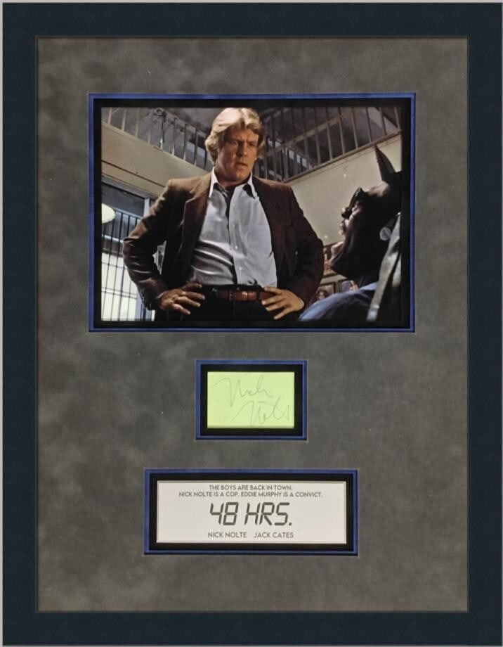 Nick Nolte Signed Cut Signature Custom Framed 48 HRS Beckett COA: Nick Nolte Signed Cut Signature Custom Framed 48 HRS Beckett COA This is a stunning signed cut signature of Nick Nolte from the movie 48 HRS, beautifully custom framed. The piece features an 8" x 10"